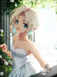 Rule 34 | 1girl, absurdres, animal, aqua eyes, aqua hair, bare shoulders, blonde hair, collarbone, commentary request, dathie96, dress, flower, forehead, highres, looking at viewer, multicolored hair, open mouth, original, outdoors, parted bangs, pillar, solo, squirrel, strapless, strapless dress, teeth, two-tone hair, upper body, upper teeth only, whiskers, white dress, white flower