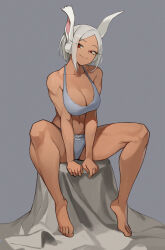 Rule 34 | 1girl, animal ear fluff, animal ears, arm support, bare arms, bare legs, bare shoulders, barefoot, boku no hero academia, bra, breasts, calvin klein, cleavage, closed mouth, commentary, dark-skinned female, dark skin, feet, full body, grey background, grey bra, grey hair, grey panties, head tilt, highres, jason kim, large breasts, long eyelashes, looking at viewer, mirko, navel, panties, parted bangs, rabbit ears, rabbit girl, red eyes, short hair, sidelocks, simple background, sitting, smile, solo, spread legs, symbol-only commentary, toes, underwear, underwear only, underwear writing
