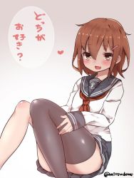 Rule 34 | 10s, 1girl, anchor symbol, bad id, bad twitter id, blush, brown eyes, brown hair, commentary request, fang, gradient background, hair ornament, hairclip, ikazuchi (kancolle), inactive account, kantai collection, long sleeves, mitsudoue, neckerchief, open mouth, red neckerchief, school uniform, serafuku, short hair, skirt, solo, thighhighs, translated, twitter username