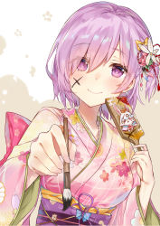 Rule 34 | 1girl, absurdres, alternate costume, bad id, bad pixiv id, blush, breasts, calligraphy brush, closed mouth, eyes visible through hair, fate/grand order, fate (series), floral print, flower, hagoita, hair between eyes, hair flower, hair ornament, hanetsuki, highres, holding, japanese clothes, kimono, long sleeves, looking at viewer, mash kyrielight, medium breasts, nana kagura, obi, paddle, paintbrush, pink kimono, purple eyes, purple hair, sash, short hair, simple background, smile, solo, upper body, white background, wide sleeves
