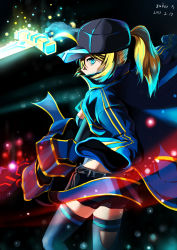 Rule 34 | 1girl, absurdres, artist name, artoria pendragon (fate), baseball cap, blue eyes, breasts, dated, dual wielding, excalibur (fate/stay night), fate/grand order, fate (series), gloves, hat, highres, holding, jacket, long hair, medium breasts, mysterious heroine x (fate), mysterious heroine x (third ascension) (fate), ponytail, shorts, solo, sword, thighhighs, weapon, yuber.x