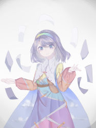 Rule 34 | 1girl, absurdres, bag, breasts, cape, card, closed mouth, cowboy shot, dress, eyebrows hidden by hair, gradient background, hair between eyes, hairband, hands up, highres, indolent-anima (xwxw8575), long hair, long sleeves, looking at viewer, multicolored clothes, multicolored dress, puffy sleeves, purple eyes, purple hair, rainbow gradient, small breasts, smile, solo, swept bangs, tenkyuu chimata, touhou, white cape