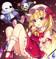 Rule 34 | 1girl, 2boys, :d, ;), arm up, back bow, black pants, blonde hair, blue jacket, blush, bow, breasts, buckle, buttons, chibi, collar, commentary request, crystal, deltarune, dress bow, eyes visible through hair, fang, finger to mouth, fingernails, flandre scarlet, frilled shirt collar, frilled skirt, frills, grin, hair between eyes, hand in pocket, hand up, hat, hat ribbon, heart, hood, hoodie, jacket, jester cap, jevil, jumping, long sleeves, looking at viewer, medium breasts, mob cap, multicolored wings, multiple boys, neck ruff, one eye closed, one side up, open mouth, pants, petals, puffy short sleeves, puffy sleeves, red bow, red footwear, red ribbon, red skirt, red vest, ribbon, ruhika, sans (undertale), sharp teeth, shirt, shoes, short hair, short sleeves, skeleton, skirt, slippers, small breasts, smile, sparkle, teeth, thighs, touhou, undertale, vest, white bow, white headwear, white shirt, wings, wrist cuffs, yellow neckwear