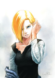 Rule 34 | 1girl, android 18, blonde hair, dirty, dirty clothes, dragon ball, dragonball z, female focus, fingernails, forehead, hair over one eye, highres, lips, looking at viewer, nail polish, side bangs, solo, tagme, torn clothes