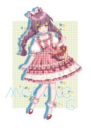 Rule 34 | 1girl, basket, blush, bow, braid, bread, center frills, clenched hand, dress, drop shadow, food, frilled dress, frilled socks, frills, full body, green eyes, hair bow, hand up, highres, holding, holding basket, lolita fashion, long hair, open mouth, original, outline, petals, plaid, plaid background, plaid bow, plaid dress, red footwear, ribbon-trimmed legwear, ribbon trim, round teeth, socks, solo, teeth, twin braids, unmoving pattern, upper teeth only, white bow, white outline, white socks, yuzhi