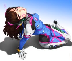 Rule 34 | 1girl, arm support, breasts, brown hair, clothes writing, d.va (overwatch), facial mark, feguimel, full body, gradient background, lips, long hair, medium breasts, navel, overwatch, overwatch 1, pilot suit, sitting, solo, thighs, whisker markings
