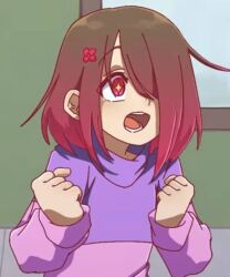 Rule 34 | bete noire, brown hair, clothes, flower hairpin, glitchtale, pink eyes, pink hair, pink shirt, purple shirt, shirt, short hair, bad tag
