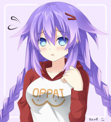 Rule 34 | 10s, 1girl, :3, artist name, bad id, bad pixiv id, blush, braid, chestnut mouth, clothes writing, collarbone, cosplay, flying sweatdrops, hair between eyes, hair ornament, hairclip, hand on own chest, hood, hoodie, keenh, long hair, long sleeves, neptune (neptunia), neptune (series), one-punch man, parted lips, purple background, purple eyes, purple hair, purple heart (neptunia), raglan sleeves, saitama (one-punch man), saitama (one-punch man) (cosplay), shirt, sidelocks, simple background, solo, symbol-shaped pupils, twin braids