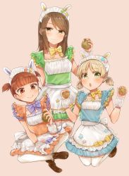 Rule 34 | 10s, 3girls, aki (girls und panzer), animal ears, apron, arm behind back, bad id, bad pixiv id, blue dress, blunt bangs, blush, bow, bowtie, brown eyes, brown footwear, brown hair, dress, fake animal ears, food, full body, girls und panzer, green dress, green eyes, hair tie, headdress, highres, holding, kneeling, koretsuna, light brown hair, light smile, loafers, long hair, looking at viewer, mika (girls und panzer), mikko (girls und panzer), multiple girls, open mouth, parted lips, pink background, pink dress, potato, rabbit ears, red eyes, red hair, shoes, short hair, short twintails, simple background, sitting, sleeveless, sleeveless dress, smile, swept bangs, thighhighs, twintails, waitress, white legwear, wrist cuffs