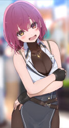 Rule 34 | 1girl, black bra, black gloves, blurry, blurry background, blush, bra, breasts, fang, fingerless gloves, gloves, heart, heart necklace, heterochromia, highres, hololive, houshou marine, houshou marine (businesswoman), icehotmilktea, jewelry, large breasts, necklace, official alternate costume, open mouth, red eyes, red hair, short hair, sleeveless, smile, solo, underwear, virtual youtuber, yellow eyes