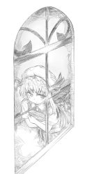 Rule 34 | 1girl, ascot, book, hugging book, faux traditional media, flandre scarlet, frown, greyscale, hat, hat ribbon, highres, holding, holding book, kosdsp, looking at viewer, looking outside, mob cap, monochrome, hugging object, ribbon, side ponytail, skirt, skirt set, solo, touhou, window