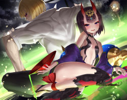 Rule 34 | 1boy, 1girl, ankle ribbon, ass, bare shoulders, barefoot sandals (jewelry), blonde hair, blouse, blush, breasts, commentary request, cup, dutch angle, eyeshadow, fate/grand order, fate (series), feet, from behind, headpiece, highres, holding, holding cup, horns, japanese clothes, jewelry, kimono, lantern, leg ribbon, lens flare, long sleeves, looking at viewer, makeup, off shoulder, oni, open mouth, purple eyes, purple hair, purple kimono, red ribbon, revealing clothes, ribbon, sakata kintoki (fate), sakazuki, scottie (phantom2), shiny skin, shirt, short sleeves, shuten douji (fate), sitting, skin-covered horns, small breasts, smile, sunglasses, thighs, toes, white shirt, wide sleeves