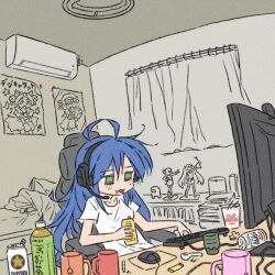Rule 34 | 1girl, air conditioner, among us, bed, beer can, blue hair, can, chair, computer, crewmate (among us), dejiko, di gi charat, drink can, green eyes, hatsune miku, holding, holding can, instant ramen, izumi konata, keyboard (computer), lucky star, mole, mole under eye, mouse (computer), nissin cup noodle, open mouth, otaku, otaku room, poster (object), sex toy, sitting, star (symbol), suzumiya haruhi, suzumiya haruhi no yuuutsu, truffleduster, vibrator, vocaloid