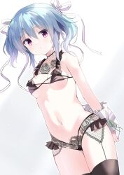 Rule 34 | 1girl, arms behind back, bare shoulders, black bra, black panties, black thighhighs, blue hair, blush, bra, breasts, commentary, cowboy shot, curvy, dutch angle, expressionless, floral print, frilled bra, frilled panties, frilled wrist cuffs, frills, garter straps, hair between eyes, hair ribbon, highres, holding, holding tray, lingerie, looking at viewer, mashiroiro symphony, medium breasts, medium hair, navel, panties, parted lips, purple eyes, ribbon, rose print, sidelocks, simple background, solo, stomach, takepoison, thighhighs, tray, two side up, underwear, uryuu sakuno, white background, white ribbon, white wrist cuffs, wrist cuffs