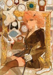 Rule 34 | 1girl, black eyes, braid, clock, coat dress, dress, frooooty, gloves, hair between eyes, hair ornament, hairpin, highres, holding, holding baton, holding pocket watch, lapels, long sleeves, looking at viewer, medium hair, notched lapels, original, parted lips, picture frame, pink hair, pocket watch, side braid, sitting, solo, thighhighs, tongue, tongue out, undershirt, wall clock, watch, white gloves, white undershirt