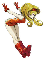Rule 34 | 1girl, arms behind back, bent over, betofu, black lips, blue eyes, boots, breasts, choker, dress, effie (street fighter), eyeshadow, gloves, hair ornament, highres, legs together, lipstick, long hair, makeup, microdress, pale skin, red choker, red dress, red footwear, red gloves, sleeveless, sleeveless dress, small breasts, solo, street fighter, street fighter iii (series), twintails, white background