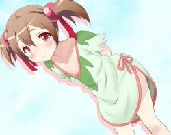 Rule 34 | 10s, 1girl, arms behind back, brown hair, dutch angle, hair bobbles, hair ornament, leaning forward, looking at viewer, pajamas, red eyes, silica, smile, solo, sword art online, twintails, yokoshima (euphoria)