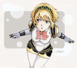 Rule 34 | 1girl, aegis (persona), alice kei (lemon-jiru), android, atlus, bad id, bad pixiv id, blonde hair, blue eyes, bow, faux traditional media, joints, persona, persona 3, ribbon, robot joints, short hair, solo