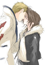 Rule 34 | 1990s (style), 2boys, ahoge, black jacket, blonde hair, blouse, brown hair, couple, final fantasy, final fantasy viii, forehead-to-forehead, from side, fur collar, hair slicked back, heads together, imminent kiss, jacket, jewelry, male focus, multiple boys, necklace, retro artstyle, scar, seifer almasy, shirt, short hair, simple background, squall leonhart, standing, toujou sakana, white background, white shirt, yaoi