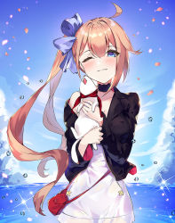 Rule 34 | 1girl, ;3, animal, blonde hair, blue bow, blue eyes, blush, bow, closed mouth, day, dress, fal (girls&#039; frontline), ferret, fisheye, ginon (sjyh3466), girls&#039; frontline, hair between eyes, hair bow, holding, holding animal, jacket, long hair, looking at viewer, ocean, one eye closed, open clothes, open jacket, outdoors, petals, side ponytail, sidelocks, smile, solo, sparkle, very long hair, white dress