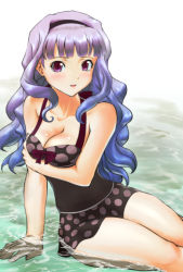 Rule 34 | 00s, 1girl, arm support, breasts, cleavage, emanon123, hairband, highres, idolmaster, idolmaster (classic), large breasts, long hair, one-piece swimsuit, partially submerged, polka dot, purple eyes, purple hair, shijou takane, sitting, solo, submerged, swimsuit