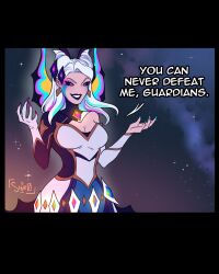 Rule 34 | 1girl, breasts, cleavage, dress, english text, gem, gloves, grin, hair horns, hands up, highres, large breasts, league of legends, long hair, morgana (league of legends), nail polish, purple lips, shir0samaa, smile, solo, space, star guardian (league of legends), star nemesis morgana, teeth, white dress, white gloves