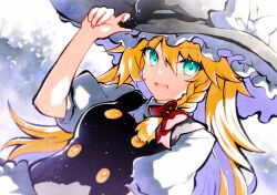 Rule 34 | 1girl, apron, black hat, black vest, blonde hair, blue eyes, bow, braid, frilled apron, frills, hair between eyes, hat, hat bow, highres, kirisame marisa, long hair, open mouth, puffy short sleeves, puffy sleeves, qqqrinkappp, shirt, short sleeves, single braid, smile, solo, touhou, traditional media, upper body, vest, waist apron, white apron, white bow, white shirt, witch hat