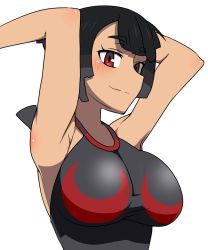 Rule 34 | 1girl, armpits, bare shoulders, black hair, blush, breasts, closed mouth, creatures (company), cropped torso, eyebrows, game freak, highres, large breasts, looking at viewer, mantan, nintendo, pokemon, pokemon oras, red eyes, simple background, smile, solo, upper body, white background, zinnia (pokemon)