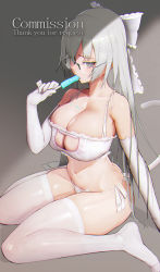 Rule 34 | 1girl, bare shoulders, bow, bra, breasts, cat cutout, cat lingerie, chromatic aberration, cleavage, cleavage cutout, clothing cutout, collarbone, commission, dripping, elbow gloves, food, frilled bra, frills, glasses, gloves, grey eyes, hair bow, hand up, highres, hiragana oufu, large breasts, long hair, looking at viewer, meme attire, navel, no shoes, open mouth, original, panties, popsicle, rimless eyewear, round eyewear, sexually suggestive, side-tie panties, silver hair, sitting, skindentation, solo, stomach, thighhighs, thighs, underwear, underwear only, wariza, white bra, white gloves, white panties, white thighhighs
