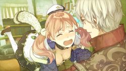 Rule 34 | 10s, 1boy, 1girl, atelier (series), atelier escha &amp; logy, blush, breasts, choker, cleavage, crying, escha malier, closed eyes, game cg, hat, hetero, hidari (left side), logix ficsario, looking at another, nose blush, official art, open mouth, pink hair, profile, shoes, short hair, tears, twintails, white hair, white legwear