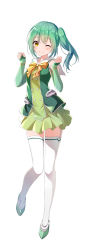 Rule 34 | 1girl, ;), blush, bow, brown bow, brown eyes, closed mouth, fingerless gloves, full body, gloves, green footwear, green gloves, green hair, green shirt, green skirt, hands up, highres, long hair, one eye closed, original, pleated skirt, sailor collar, shirt, shoes, side ponytail, simple background, skirt, sleeveless, sleeveless shirt, smile, solo, standing, standing on one leg, thighhighs, white background, white sailor collar, white thighhighs, yatomi