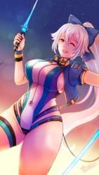 Rule 34 | 1girl, :d, blue bow, blue one-piece swimsuit, bow, breasts, competition swimsuit, cropped jacket, dutch angle, energy sword, fate/grand order, fate (series), hair between eyes, hair bow, highleg, highleg swimsuit, highres, holding, holding sword, holding weapon, huge breasts, jacket, long hair, multicolored clothes, multicolored swimsuit, night, night sky, one-piece swimsuit, one eye closed, open clothes, open jacket, open mouth, orange eyes, ponytail, short sleeves, sideboob, silver hair, sky, smile, solo, swimsuit, sword, thigh strap, tomoe gozen (fate), tomoe gozen (swimsuit saber) (fate), tomoe gozen (swimsuit saber) (first ascension) (fate), vanilla tea-er, very long hair, weapon, white one-piece swimsuit
