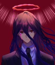 Rule 34 | 1boy, black hair, black necktie, black suit, blood, bloody tears, bullet hole, chainsaw man, chinese commentary, collared shirt, commentary, crosshair pupils, danganronpa (series), danganronpa 2: goodbye despair, dripping, expressionless, formal, hair between eyes, halo, highres, jacket, kamukura izuru, long hair, looking at viewer, makima (chainsaw man), male focus, messy hair, necktie, pink blood, qige, red background, red eyes, red halo, shirt, simple background, solo, spoilers, suit, symbol-only commentary