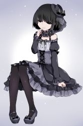 Rule 34 | 1girl, black bow, black bowtie, black eyes, black footwear, black hair, black hat, black pantyhose, blank eyes, bob cut, bow, bowtie, collar, cross-laced clothes, detached collar, detached sleeves, dress, fedora, footwear bow, frilled collar, frilled sleeves, frills, full body, gothic lolita, gradient background, grey background, half-closed eye, half-closed eyes, hammer (sunset beach), hand to own mouth, hat, hat bow, head tilt, juliet sleeves, knees together feet apart, layered dress, lolita fashion, long sleeves, mary janes, mini hat, monogatari (series), oshino ougi, pantyhose, pigeon-toed, puffy sleeves, shoes, simple background, sitting, smile, solo, thinking, uneven eyes