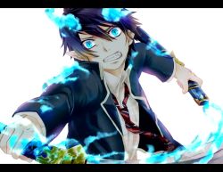 Rule 34 | 1boy, aiming, aiming at viewer, ao no exorcist, bad id, bad pixiv id, blouse, blue eyes, blue hair, collared shirt, fang, flaming sword, flaming weapon, holding, holding sword, holding weapon, letterboxed, male focus, matching hair/eyes, necktie, okumura rin, pointy ears, scabbard, sheath, shirt, simple background, solo, striped necktie, striped neckwear, sword, weapon, white background, white shirt, wide-eyed, wooooow