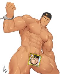 Rule 34 | 1boy, abs, bara, black hair, censored, closed mouth, cowboy shot, cuffs, facial hair, gomtang, handcuffs, large pectorals, male focus, male pubic hair, muscular, navel, nude, pectorals, pubic hair, shiny skin, signature, solo, stubble, thick thighs, thighs, tokyo houkago summoners, upper body, yellow eyes, zabaniyya (housamo)