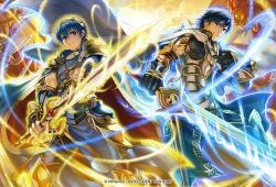 Rule 34 | 2boys, armor, boots, cape, chrom (fire emblem), commentary request, company name, copyright name, falchion (fire emblem), fingerless gloves, fire emblem, fire emblem: mystery of the emblem, fire emblem awakening, fire emblem cipher, gauntlets, gloves, glowing, glowing weapon, holding, holding sword, holding weapon, jewelry, kita senri, knee boots, looking at viewer, looking back, marth (fire emblem), monster, multiple boys, nintendo, official art, pants, pauldrons, short sleeves, shoulder armor, smile, sword, tiara, weapon