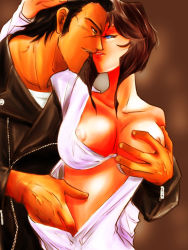 Rule 34 | 1980s (style), 1boy, 1girl, areola slip, arm around neck, bean bandit, black hair, grabbing another&#039;s breast, breast slip, breasts, dark skin, grabbing, grabbing from behind, gradient background, gunsmith cats, hand under clothes, hetero, imminent kiss, jacket, large breasts, leather, leather jacket, lips, manly, oldschool, one breast out, rally vincent, retro artstyle, riding bean, short hair, takokichi