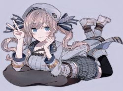 Rule 34 | 1girl, beret, blonde hair, blue eyes, boots, breasts, cucouroux (granblue fantasy), granblue fantasy, hat, legs up, lying, medium breasts, on stomach, plaid, plaid skirt, skirt, smile, solo, thighhighs, twintails, v
