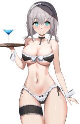 Rule 34 | + +, 1girl, absurdres, azur lane, bare shoulders, bikini, black choker, blush, braid, breasts, choker, cocktail glass, cross-shaped pupils, cup, drinking glass, frilled bikini, frills, green eyes, grey hair, hair between eyes, hair ornament, hand up, highres, holding, holding tray, large breasts, looking at viewer, low twin braids, maid, maid bikini, maid headdress, manchester (a moment in the shade) (azur lane), manchester (azur lane), medium hair, navel, official alternate costume, rk (cc15915r), simple background, smile, solo, stomach, swimsuit, symbol-shaped pupils, thigh strap, tray, twin braids, unconventional maid, white background, x hair ornament