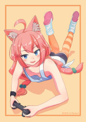Rule 34 | 1girl, 2018, ahoge, animal ears, artist name, blue eyes, blush, breasts, cat ears, controller, dated, downblouse, game controller, hair bobbles, hair ornament, hanging breasts, highres, hinata channel, holding, legs up, long hair, looking at viewer, loose clothes, lying, myukuni, nekomiya hinata, no bra, on stomach, open mouth, orange background, pink hair, shadow, shoes, simple background, small breasts, smile, solo, striped clothes, striped thighhighs, tank top, thighhighs, twintails, virtual youtuber