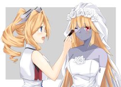 Rule 34 | 2girls, blonde hair, blue eyes, blush, border, brooklyn (kancolle), colored skin, dress, drill hair, elbow gloves, gloves, honolulu (kancolle), kantai collection, long hair, makinoki, military, military uniform, multiple girls, open mouth, patchwork skin, red eyes, smile, twin drills, twintails, uniform, upper body, white border, white dress, white gloves, zombification