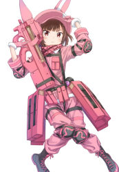 Rule 34 | 1girl, animal ears, animal hat, arm up, bandana, black footwear, blush, boots, brown hair, bullpup, camouflage, closed mouth, commentary request, cross-laced footwear, explosive, fur-trimmed gloves, fur-trimmed jacket, fur trim, gloves, grenade, gun, hand up, hat, highres, jacket, lace-up boots, llenn (sao), long hair, long sleeves, p-chan (p90), p-chan (sao), p90, pants, personal defense weapon, pink bandana, pink gloves, pink hat, pink jacket, pink neckwear, pink pants, rabbit ears, rabbit hat, red eyes, simple background, solo, submachine gun, sword art online, sword art online alternative: gun gale online, tsurime, tuchinokoeffect, weapon, white background