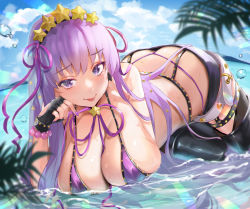 Rule 34 | 1girl, :p, absurdres, ass, bb (fate), bb (fate) (all), bb (swimsuit mooncancer) (fate), bb (swimsuit mooncancer) (second ascension) (fate), bead bracelet, beads, belt, bikini, bishooji, black garter belt, black gloves, black shorts, black thighhighs, blush, bracelet, breasts, butt crack, cleavage, cloud, fate/grand order, fate (series), fingerless gloves, garter belt, gloves, hair ornament, hair ribbon, highres, jewelry, large breasts, long hair, looking at viewer, loose belt, micro shorts, nail polish, neck ribbon, pink ribbon, purple bikini, purple eyes, purple hair, ribbon, shorts, sky, smile, solo, star (symbol), star hair ornament, string bikini, studded garter belt, swimsuit, thighhighs, thong bikini, tongue, tongue out, water, white belt