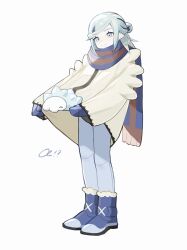 Rule 34 | 1boy, blue footwear, blue mittens, boots, closed mouth, clothes lift, commentary request, creatures (company), eyelashes, game freak, gen 8 pokemon, green eyes, green hair, grusha (pokemon), happy, highres, jacket, jacket lift, lifted by self, long sleeves, looking down, male focus, mittens, nintendo, pants, pokemon, pokemon (creature), pokemon sv, sameniku umai, scarf, smile, snom, standing, striped clothes, striped scarf, white background, yellow jacket