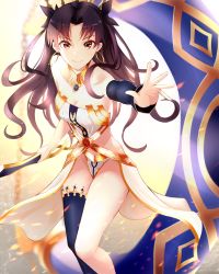 Rule 34 | 1girl, absurdres, bare shoulders, black hair, blush, boa sorte, breasts, cleavage, collarbone, commentary request, earrings, fate/grand order, fate (series), hair ribbon, highres, hoop earrings, ishtar (fate), jewelry, long hair, long legs, long sleeves, looking at viewer, medium breasts, parted bangs, red eyes, ribbon, single thighhigh, smile, solo, thighhighs, two side up