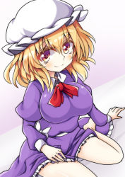 Rule 34 | 1girl, blonde hair, bow, bowtie, breasts, closed mouth, collarbone, dress, dress bow, frilled dress, frilled sleeves, frills, hair between eyes, hat, juliet sleeves, keyaki chimaki, large breasts, long sleeves, looking at viewer, maribel hearn, medium hair, mob cap, no shoes, puffy sleeves, purple dress, purple sleeves, red bow, red bowtie, seiza, sitting, smile, solo, touhou, white bow, white frills, white hat, yellow eyes