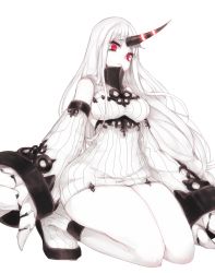 Rule 34 | 10s, 1girl, abyssal ship, bad id, bad pixiv id, breasts, claws, detached sleeves, dress, frown, horns, kantai collection, large breasts, long hair, red eyes, ribbed dress, ribbed sweater, seaport princess, seiza, short dress, single horn, sitting, solo, sweater, sweater dress, terupancake, thighs, very long hair, white hair