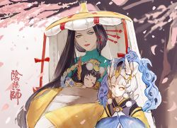 Rule 34 | 3girls, baby carry, black hair, blunt bangs, carrying, cherry blossoms, child, closed eyes, closed mouth, doujo (onmyoji), ecrsin, facial mark, feathers, forehead mark, greyscale, hagoromo, hair ornament, hair stick, hat, head wings, hug, japanese clothes, kimono, long hair, long sleeves, looking at another, makeup, monochrome, multiple girls, oguna (onmyoji), onmyoji, own hands together, petals, pom pom (clothes), red lips, shawl, short eyebrows, short hair, sleeping, smile, tree, ubume (onmyoji), updo, veil, white hair, wide sleeves, winged arms, wings, yellow eyes, yellow headwear