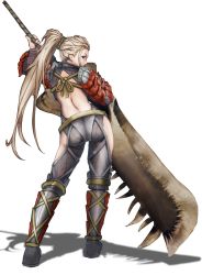 Rule 34 | 1girl, arm up, armor, ass, back, backless outfit, bare back, blonde hair, closed mouth, from behind, full body, greatsword, hand up, high ponytail, highres, hip vent, holding, holding sword, holding weapon, huge weapon, long hair, looking at viewer, looking back, monster hunter (series), monster hunter: world, odogaron (armor), pants, ponytail, purple eyes, sakae91, shoulder armor, solo, pauldrons, standing, sword, very long hair, weapon